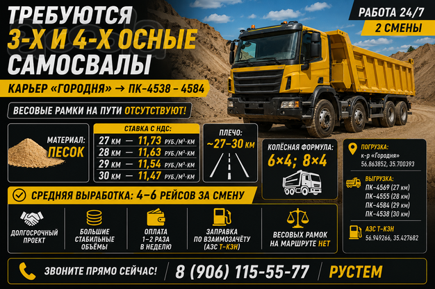 Тверская область | Требуются 3-х и 4-х осные самосвалы | Карьер «Городня» → ПК-4538-4584 | Выработка 4-6 рейсов за смену