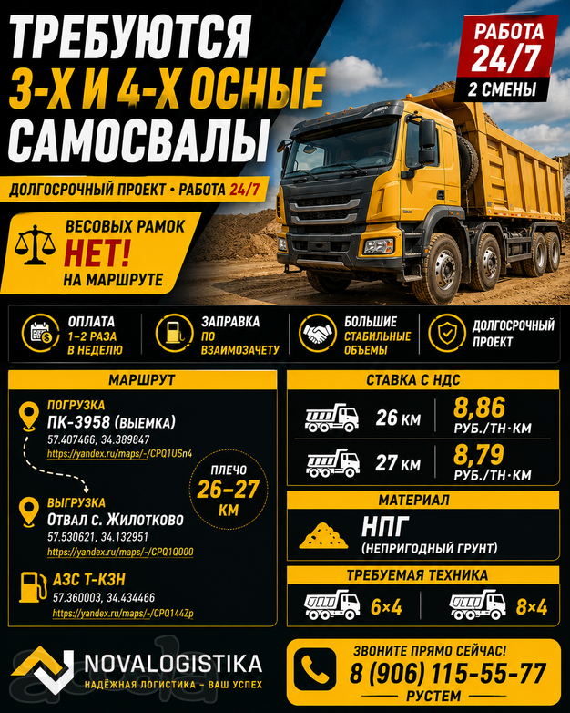 Требуются 3-х и 4-х осные самосвалы | НПГ | 26-27 км | До 8,86 руб./т·км | Работа 24/7
